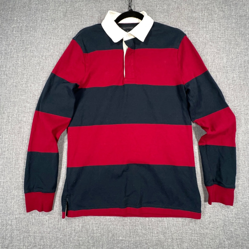 Tommy Hilfiger Rugby Shirt Mens Small Red Navy Blue Striped Long Sleeve Preppy
